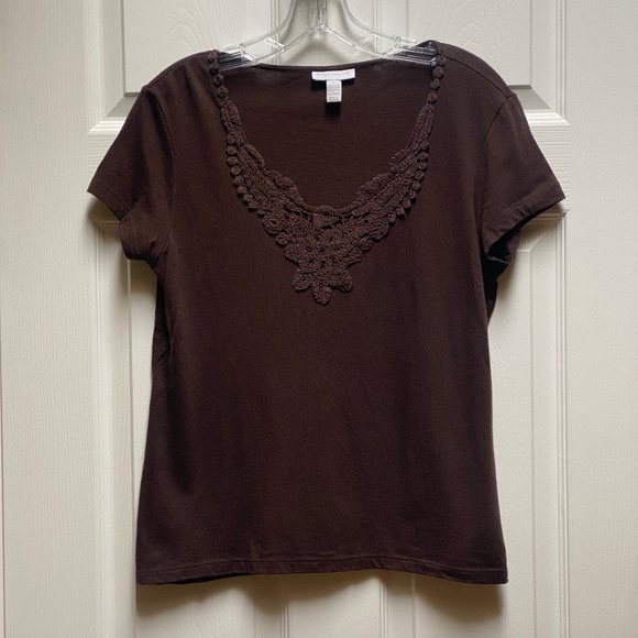 Charter Club Brown Lace  Accent  V Neck Top - Picture 1 of 5